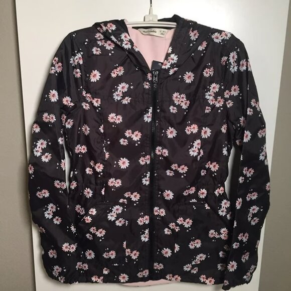 Abercrombie Youth Girl's Hooded Windbreaker Jacket Pink Fleece Lined Floral - Picture 1 of 5